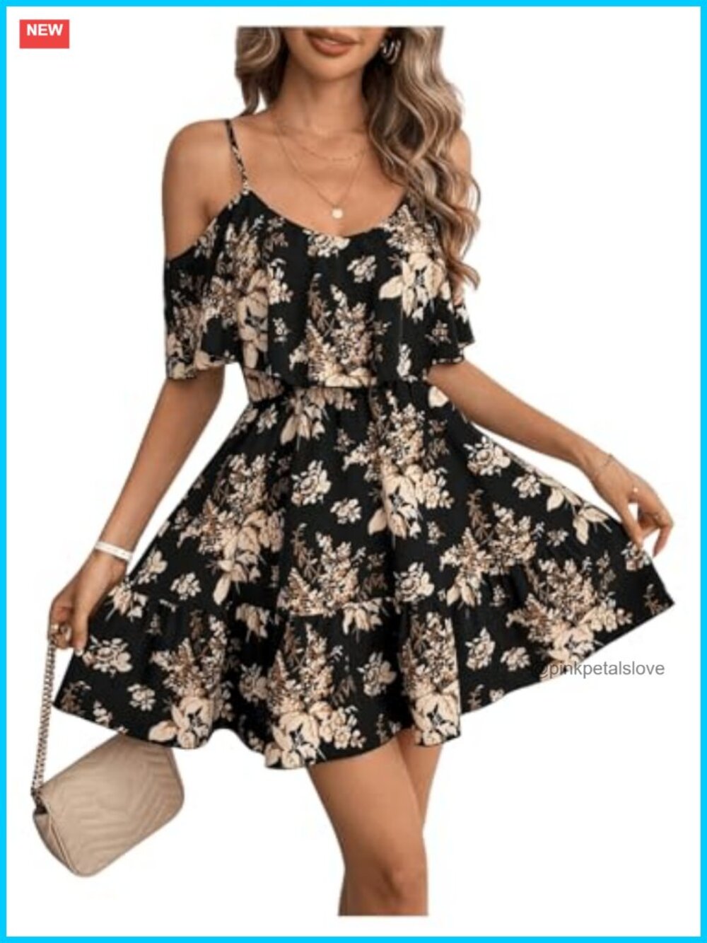 SOLY HUX Floral Mini Dress Cold Shoulder Ruffle A-Line Short Sleeve Casual